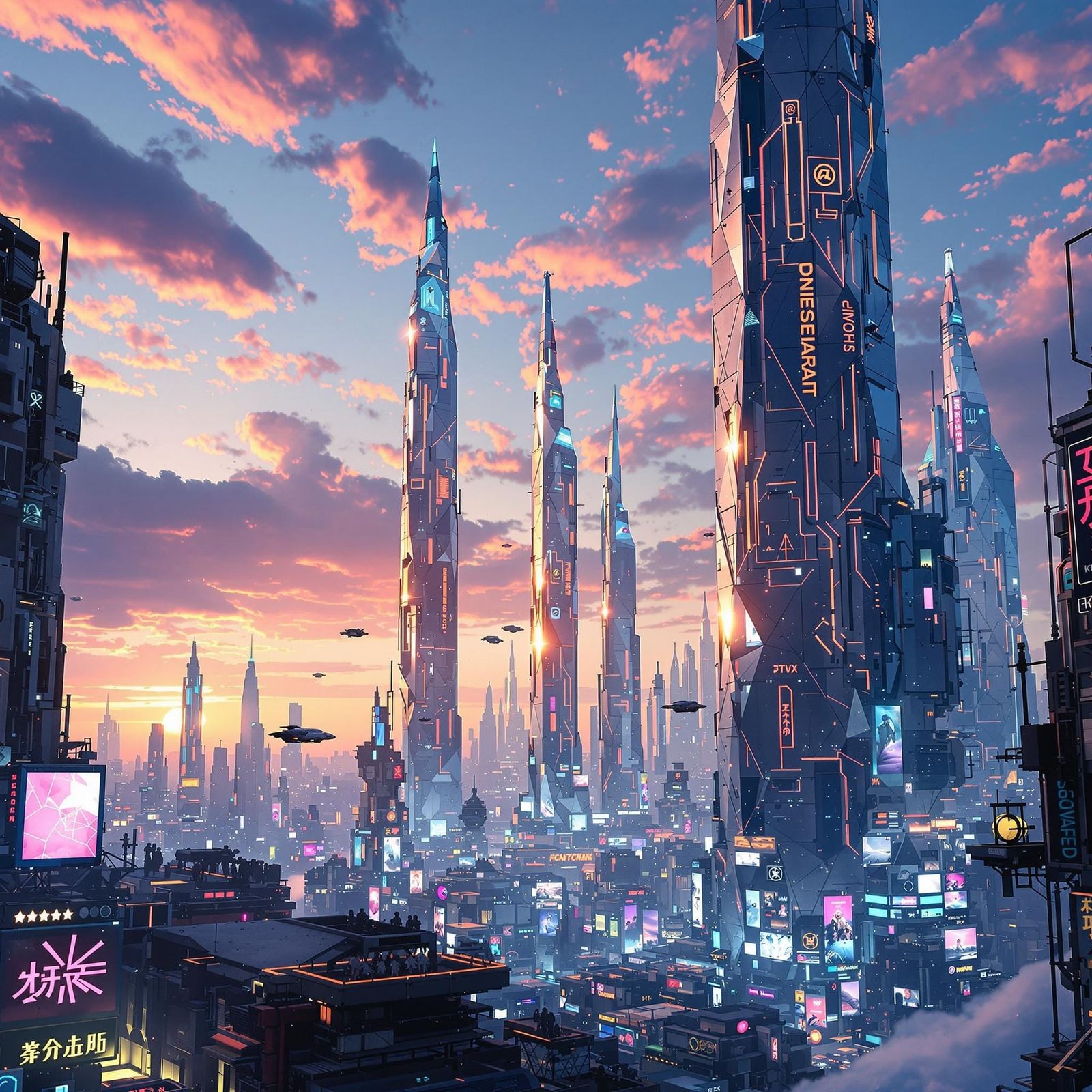 Surreal Futuristic Cityscape at Sunset, in Neon-Lit, High-De...