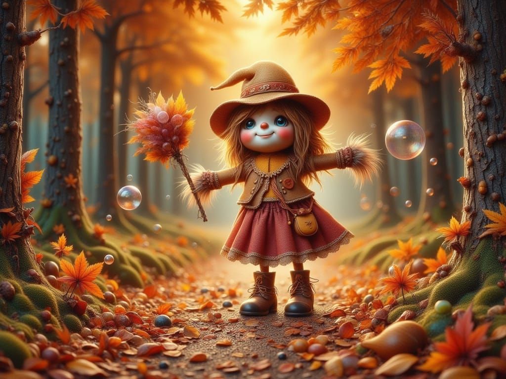 Whimsical Scarecrow Girl in Autumn Forest Mosaic