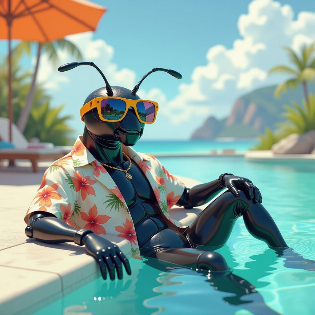 Ant Lounging by Pool in Futuristic-Retro Style