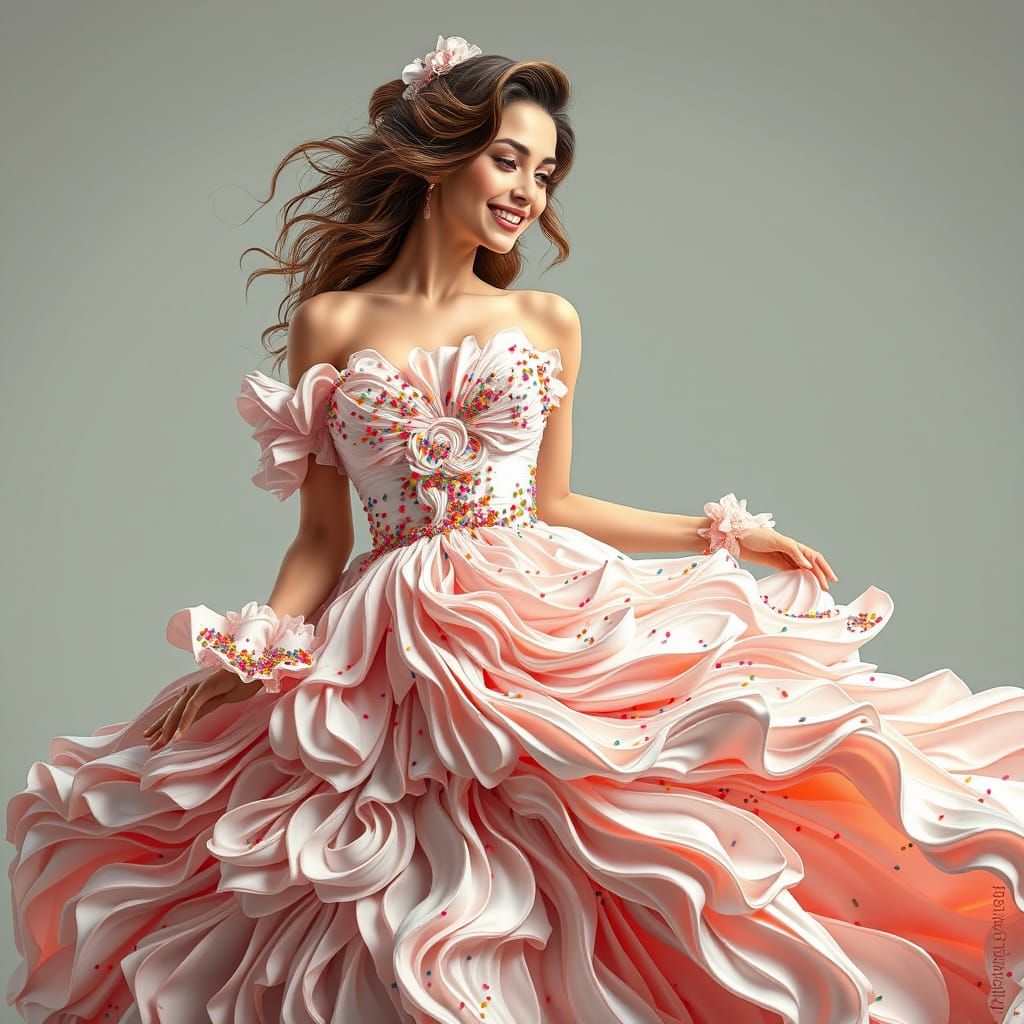 Woman in Whipped Cream Dress, Hyperrealistic Style