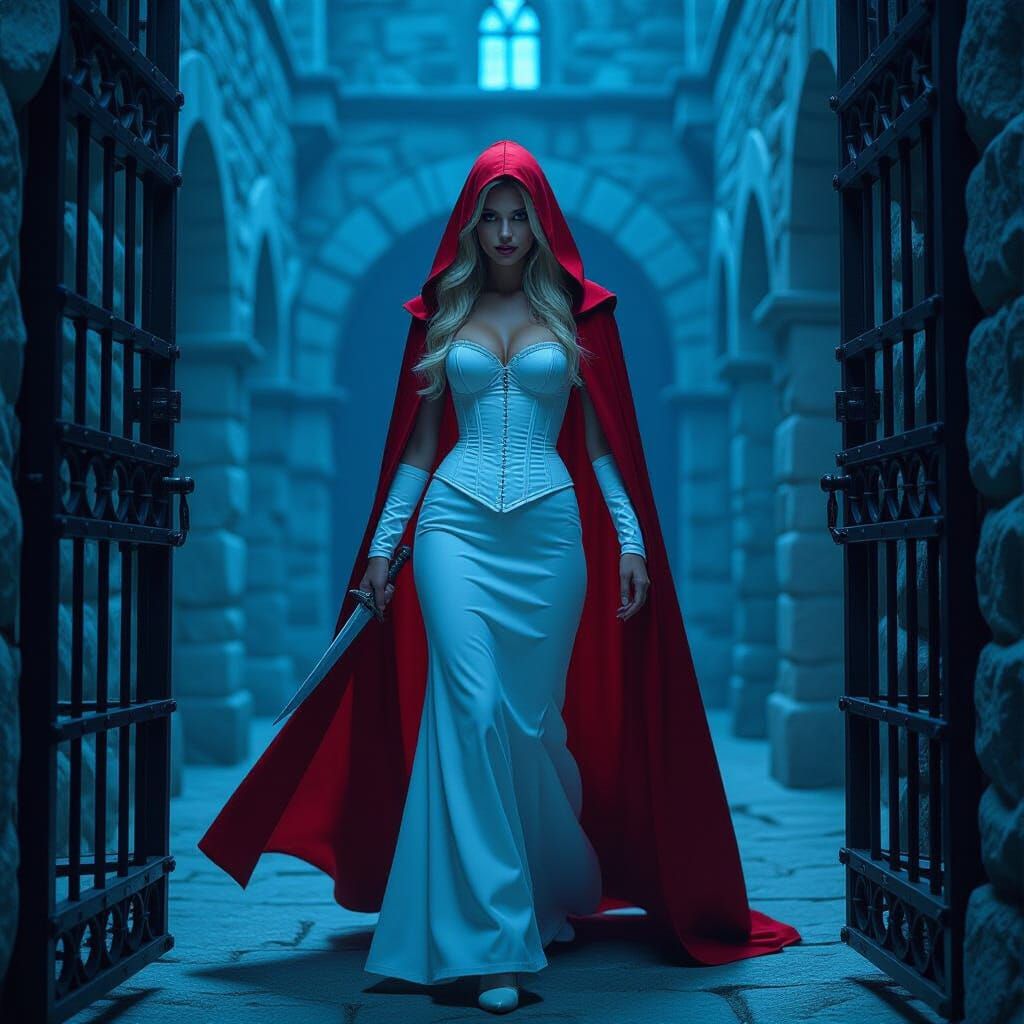 Blonde Woman in Red Cape in Castle Alley