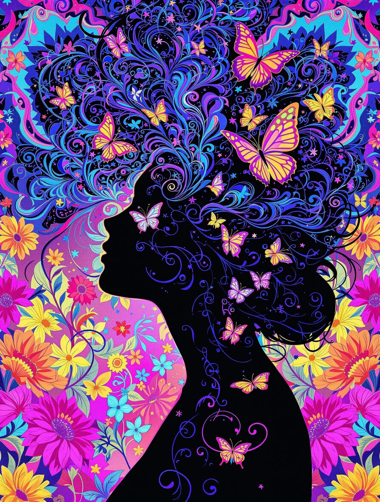 Psychedelic Woodstock Goddess with Emerging Butterflies