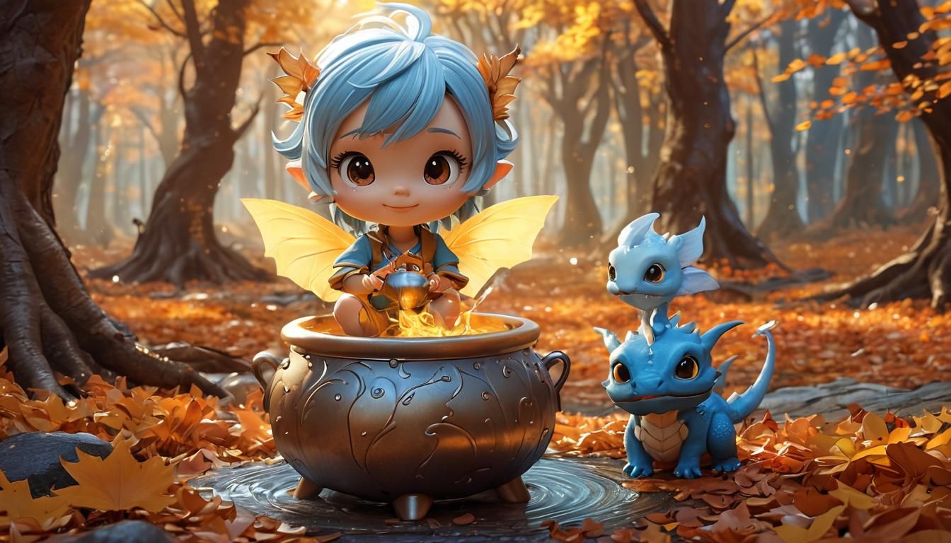 Chibi Fairy and Dragon in Autumn Forest