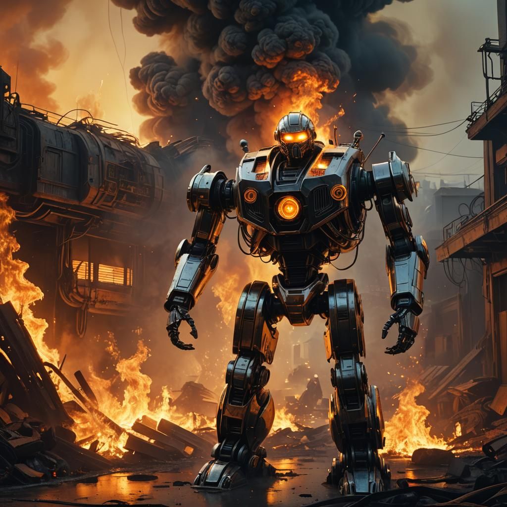 Chrome Robot in Fire, Digital Matte Painting
