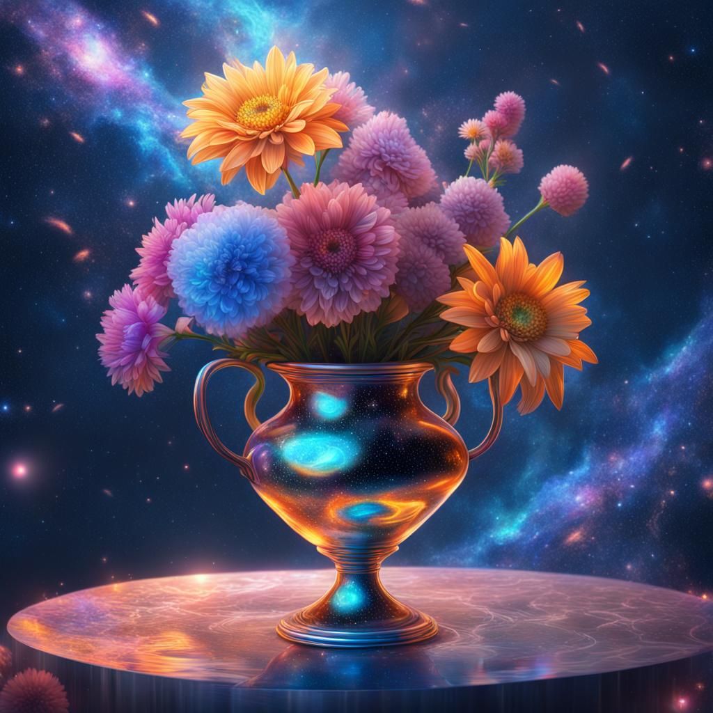 Cosmic Galaxy Flower Vase in Astral Illustration Style