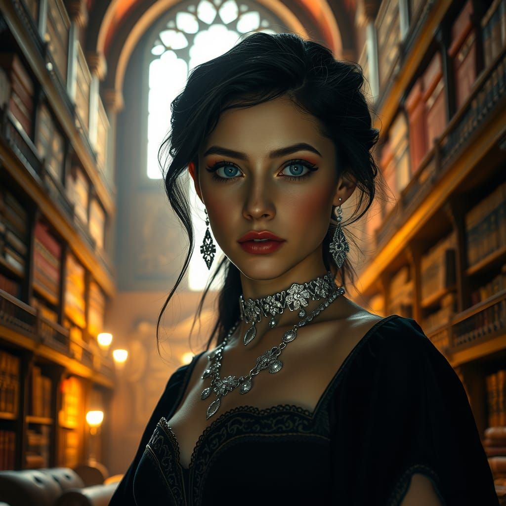 Enchanting Wizardess in a Cinematic Library Scene