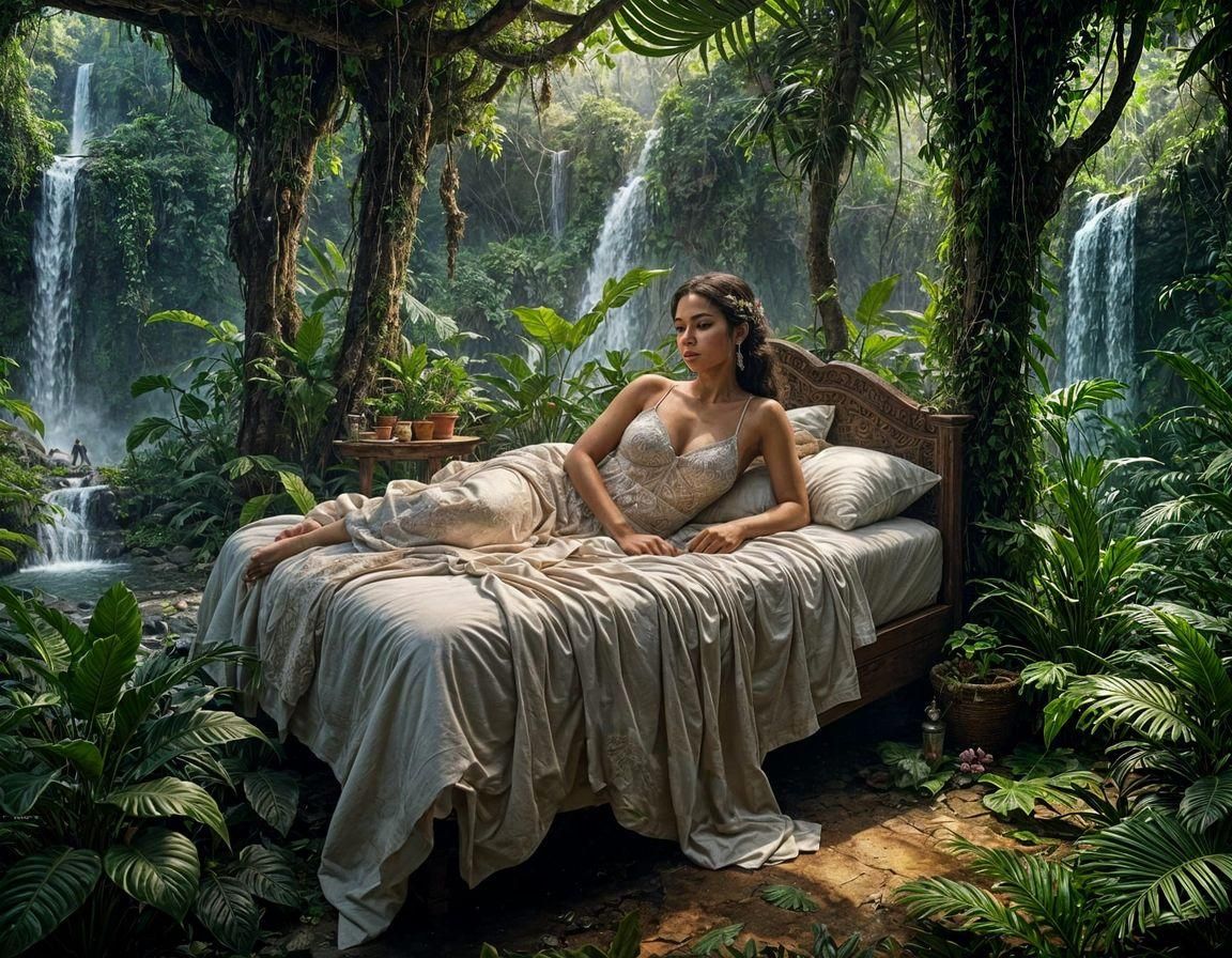 Latina Woman Sleeping in Rainforest: Detailed Digital Painti...