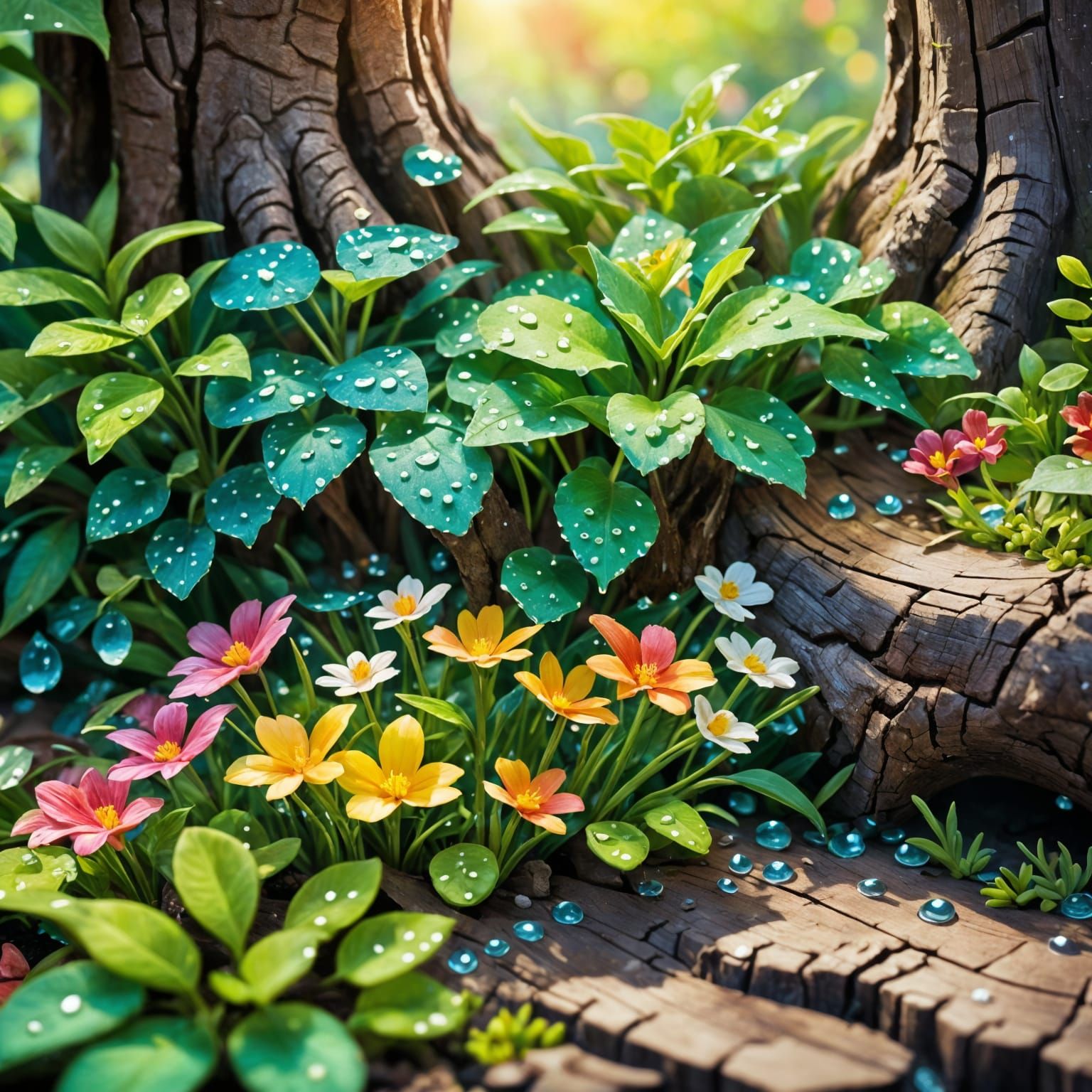 Lush Miniature Tropical Garden in Tree Trunk