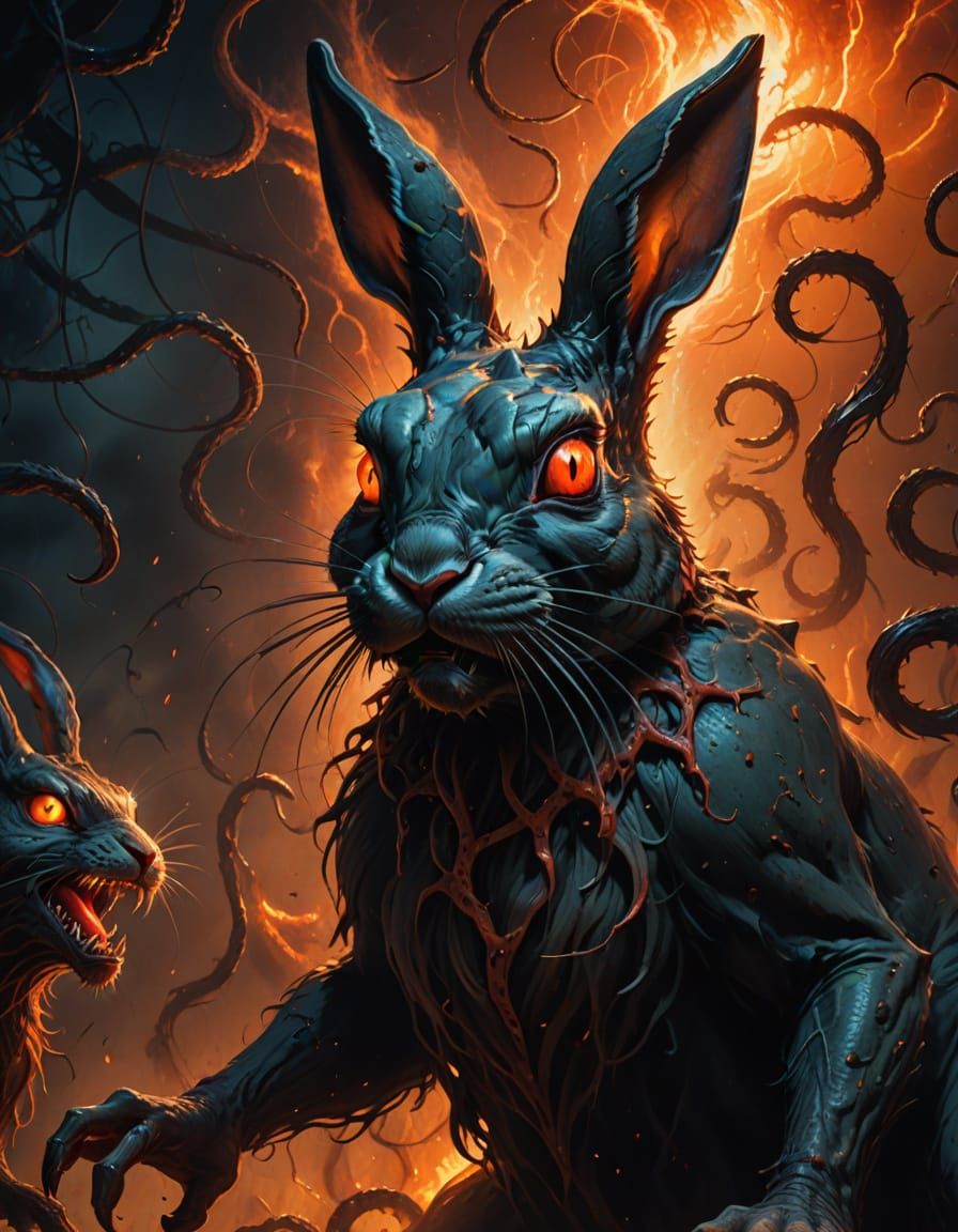 Eldritch Rabbit in Frenzy: Cosmic Horror Oil Painting