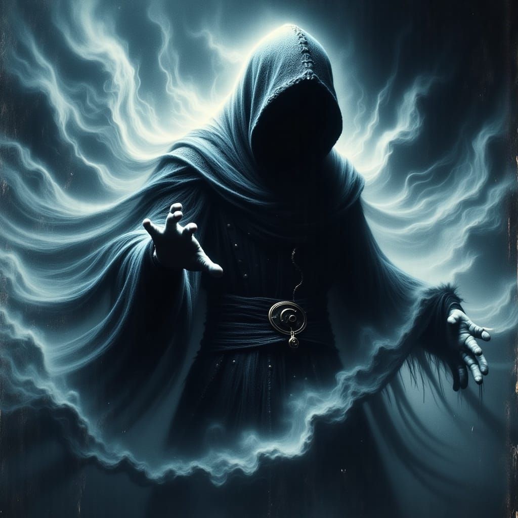 Hooded Wizard Casting Spell in Mystical Fog