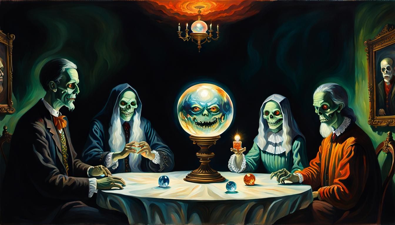 Eerie Seance with Crystal Ball in Gouache Style