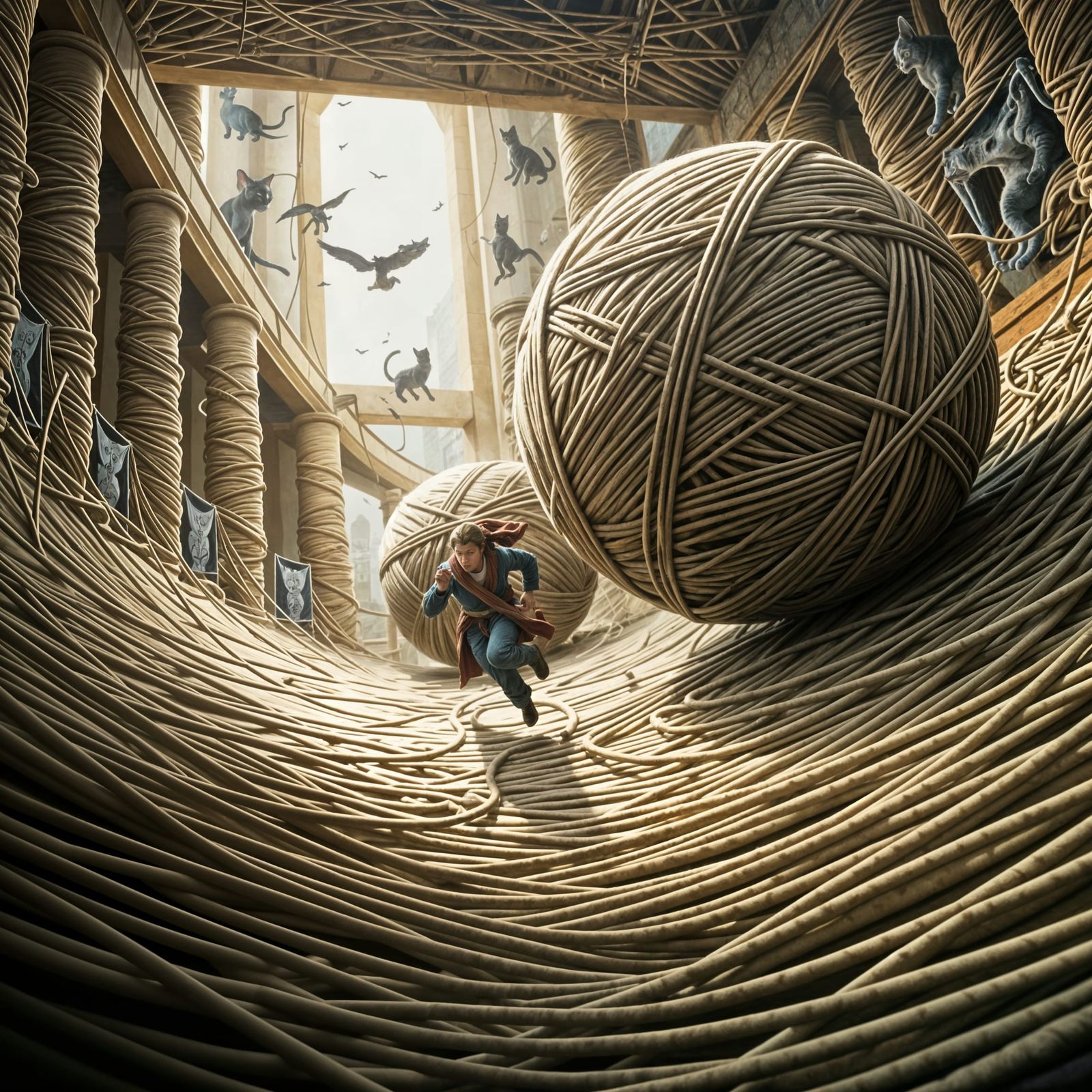 Wool Temple Escape: Adventurer Running from Yarn Ball