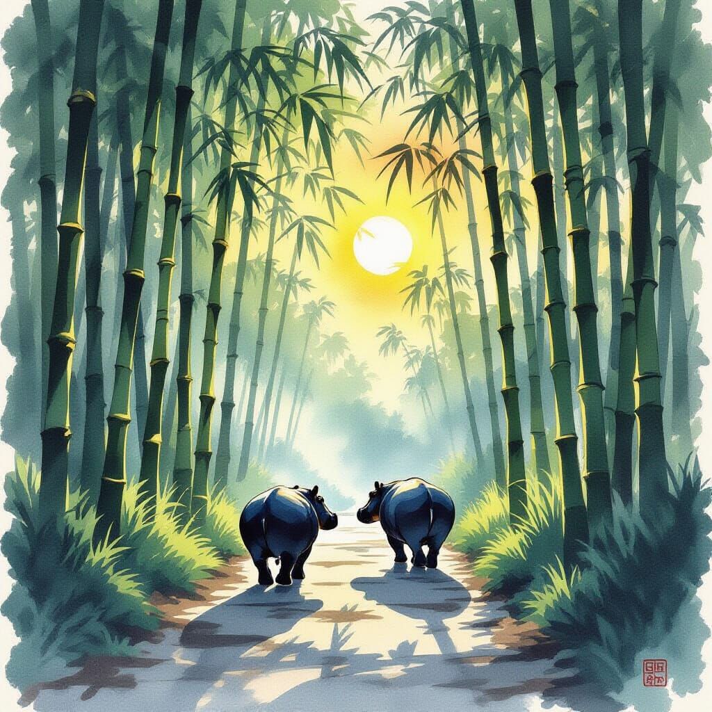 Bamboo Forest at Dawn with Hippo in Watercolor Style