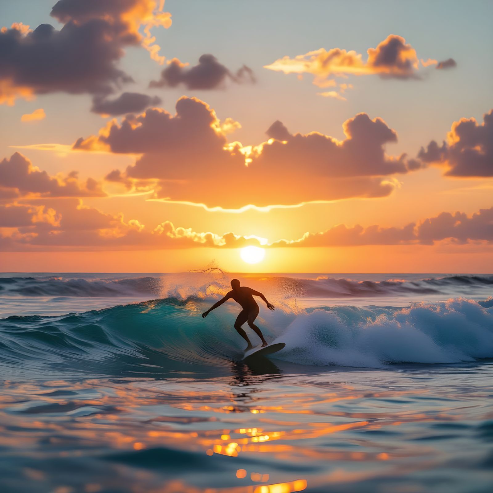 Surfer Rides Turquoise Wave at Sunset: Cinematic Realism