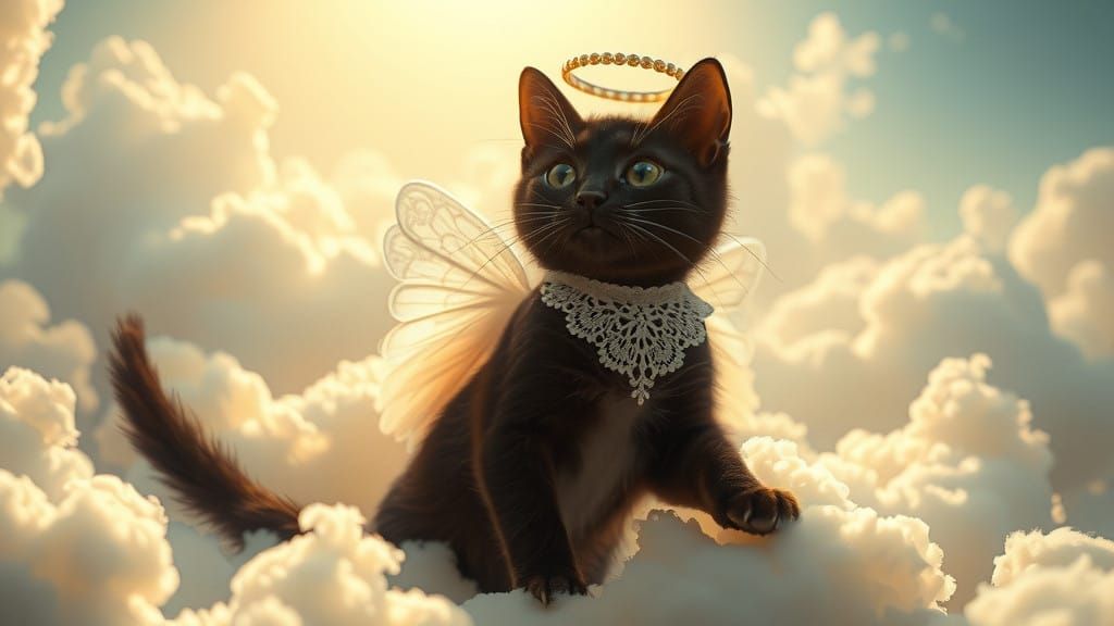 Angel Tuxedo Cat in Whimsical Heaven