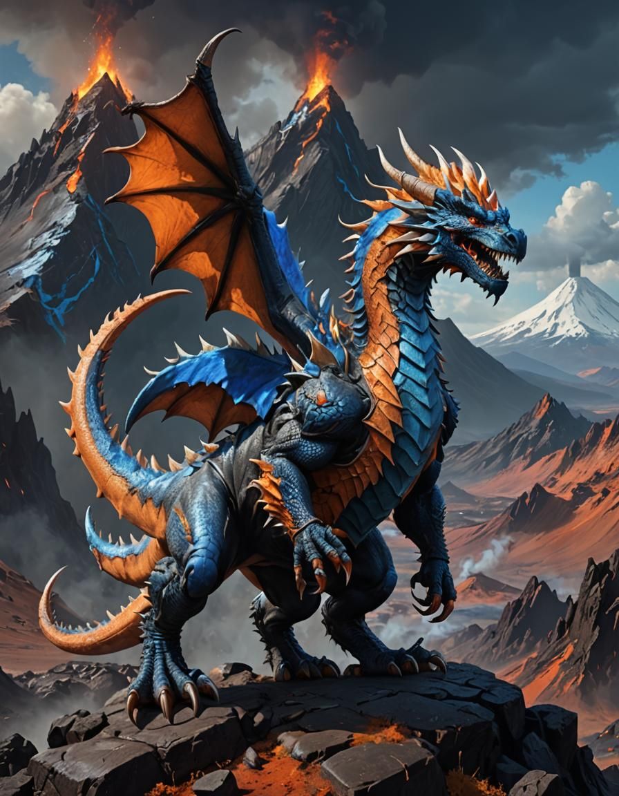 Weredragon with Blue Horns and Volcano Background