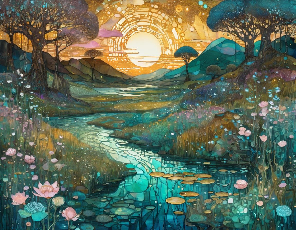 Luminous Springtime Marsh in Vibrant Aquas