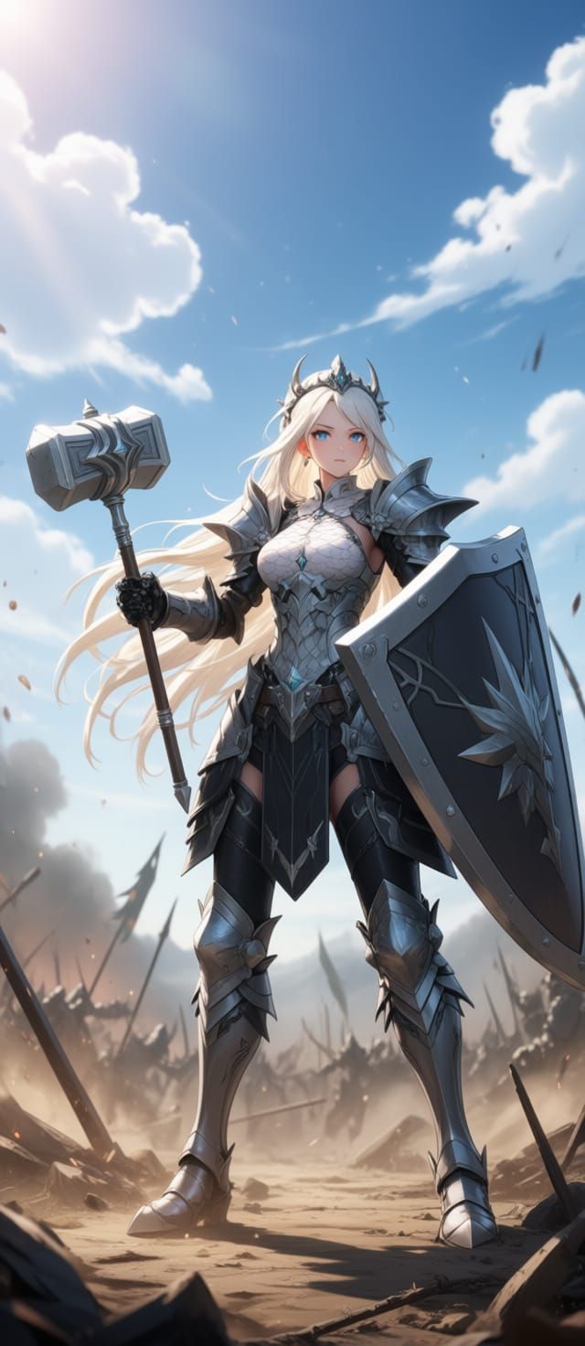 Crusader Paladin in Detailed Armor with Silver Hammer