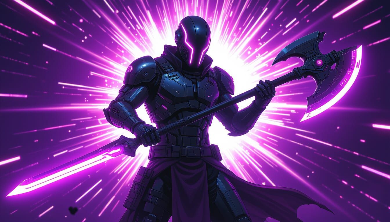 Cybernetic Warrior with Glowing Sword Axe in Cyberpunk Style