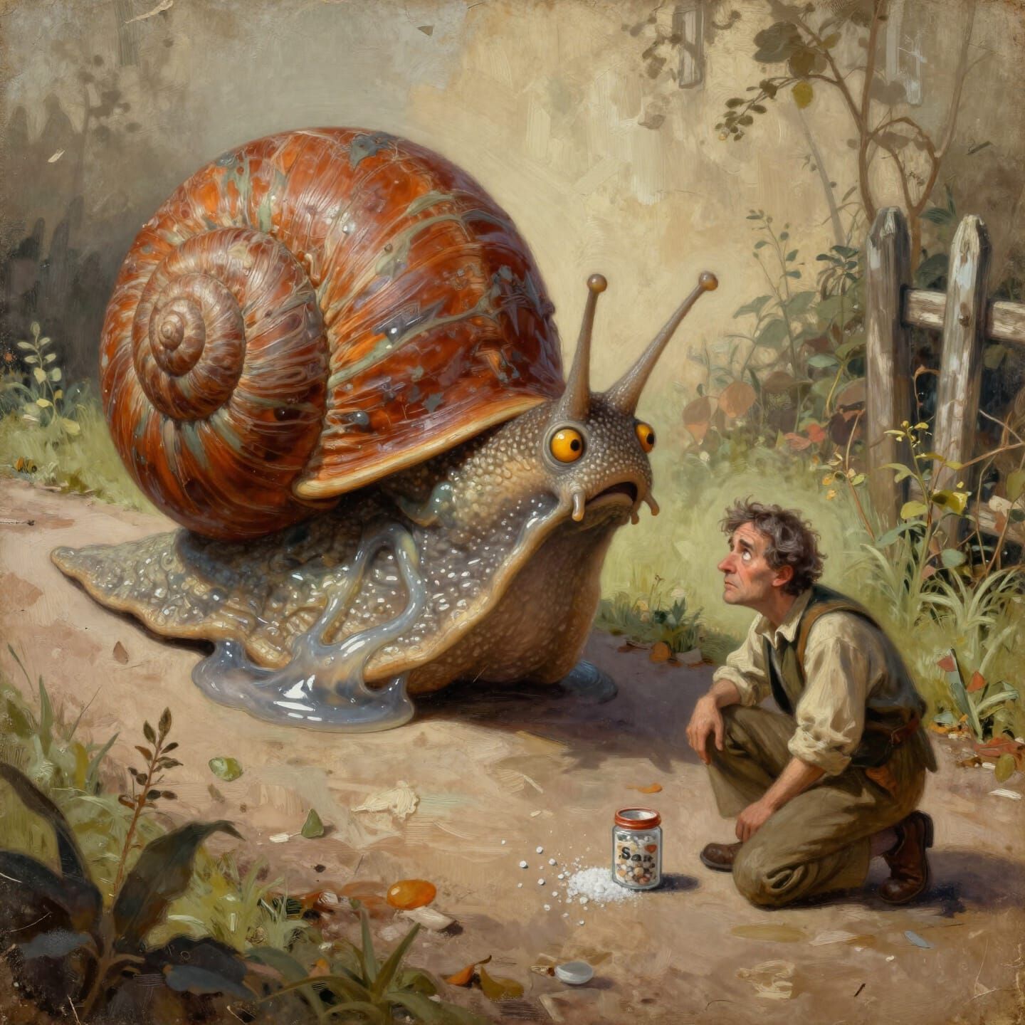 Whimsical Garden Snail Dominates Defeated Gardener
