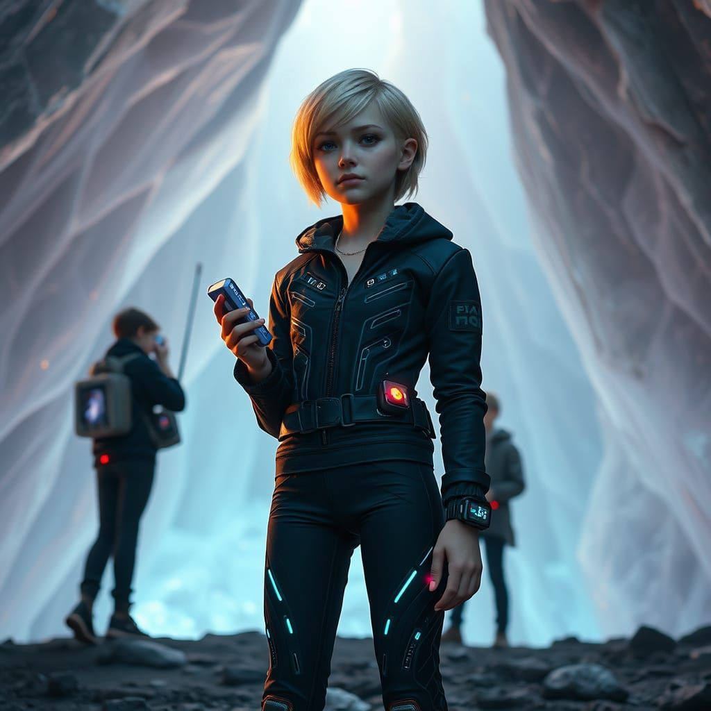 Cyberpunk Teen Girl in Futuristic Crystal Cave