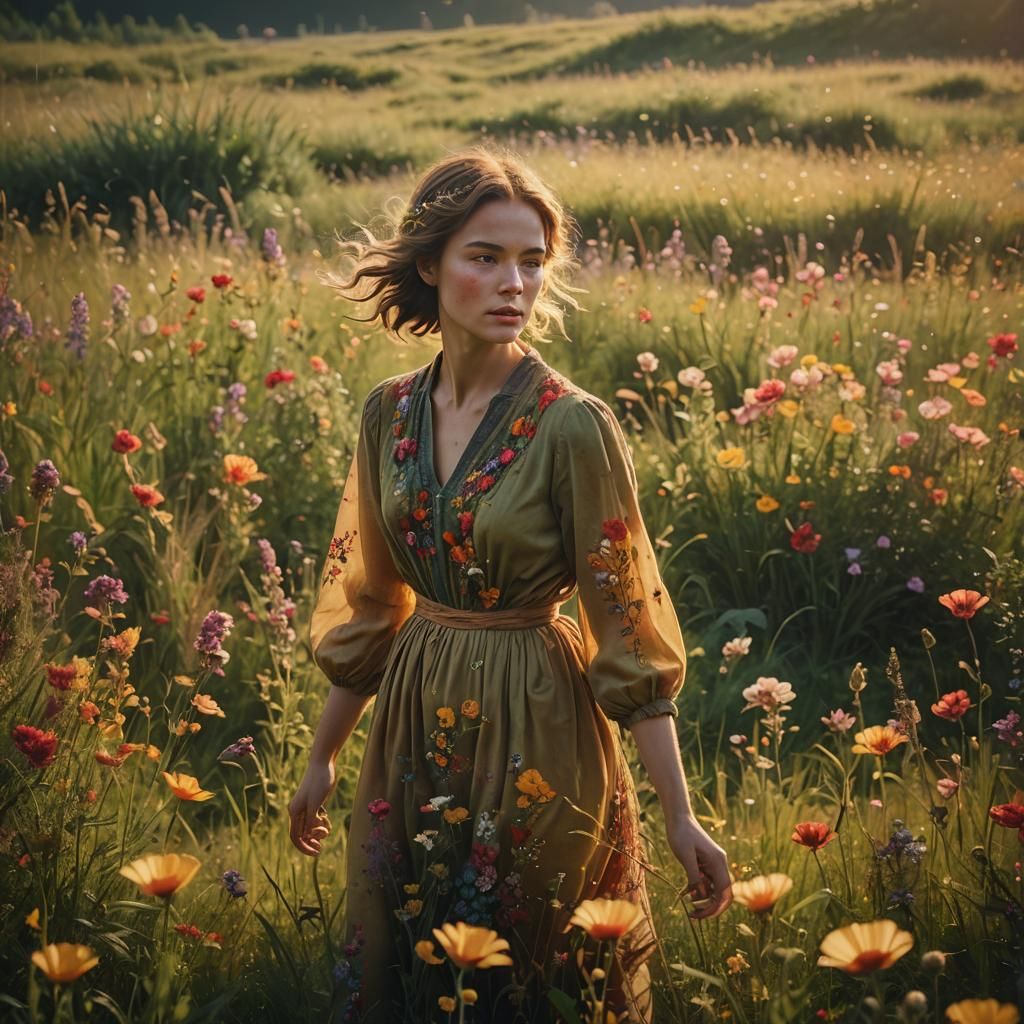 Woman in Lush Meadow with Flowers: Dutch Masters Style