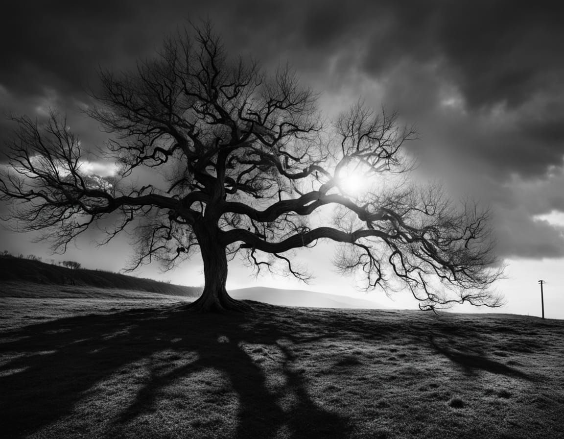 Dramatic Black and White Tree in Sunlight