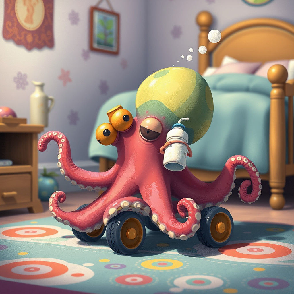 Whimsical Octopus Toy on Wheels in Dreamlike Illustration