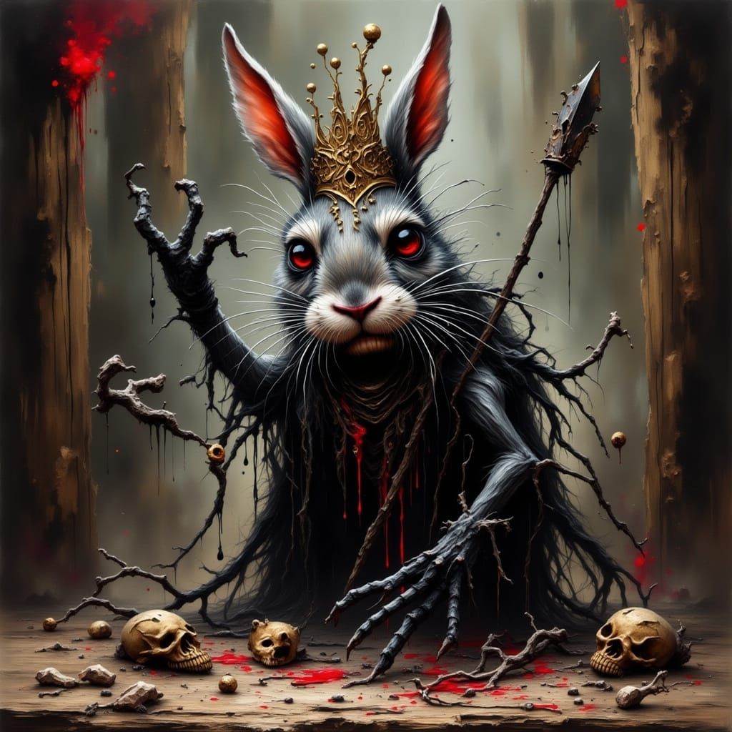 Evil Rabbit Stomping Queen's Crown, Grungy Ink Style