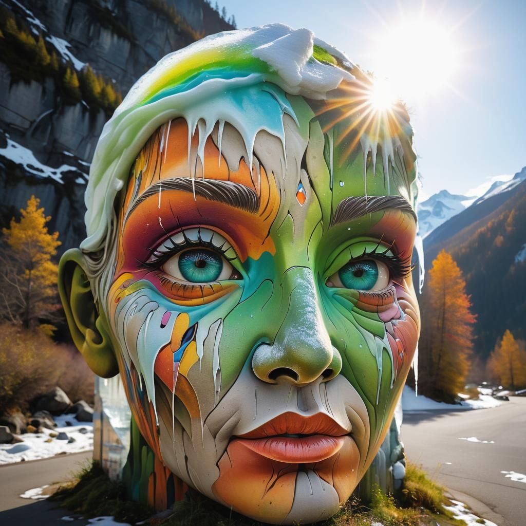 Surreal Landscape Face Graffiti in Street Art Style