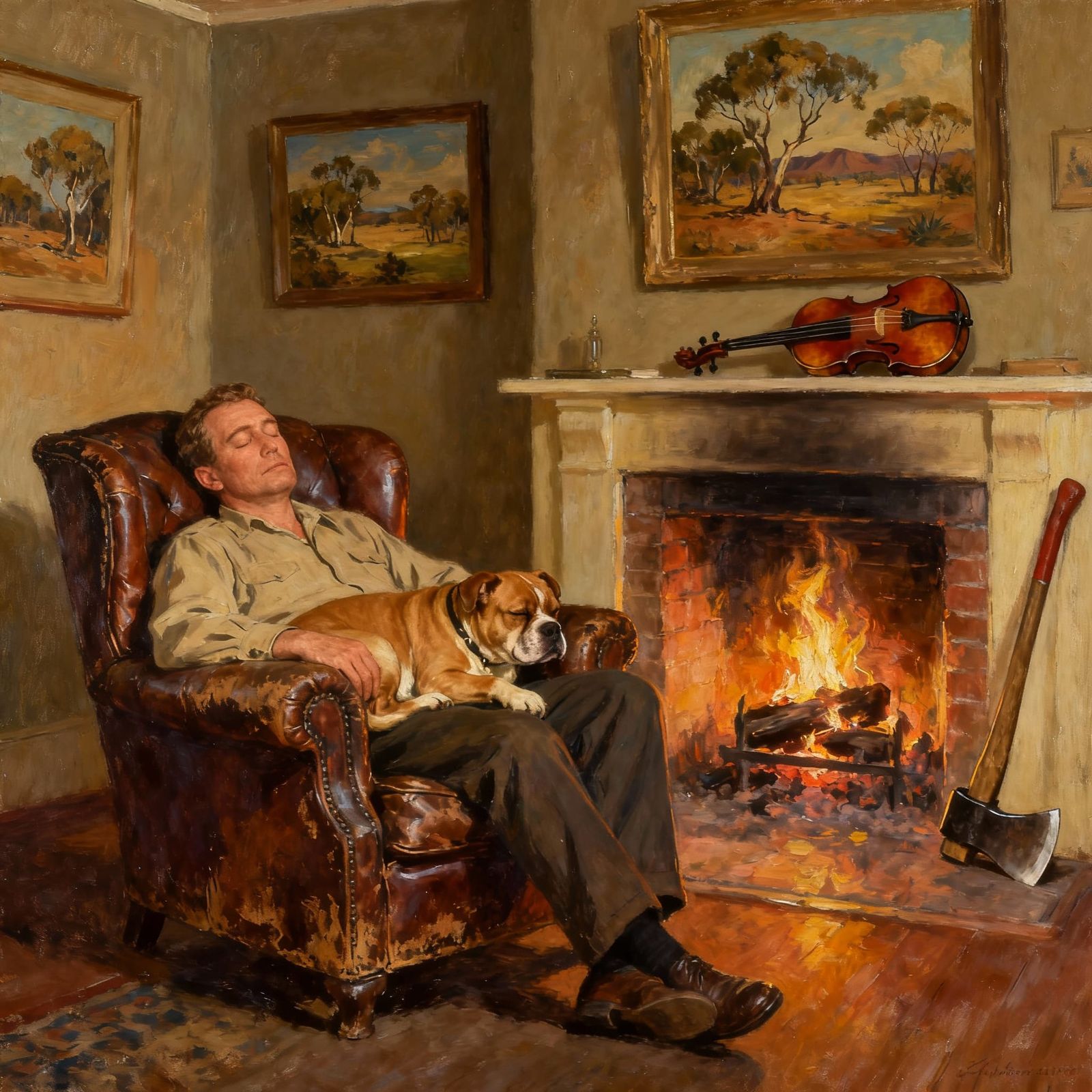 1950s Man and Dog Sleep by Fireplace, Australian Art