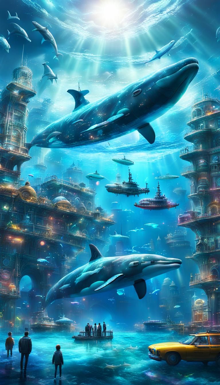 City in Whale with Neon Dolphins: Digital Painting