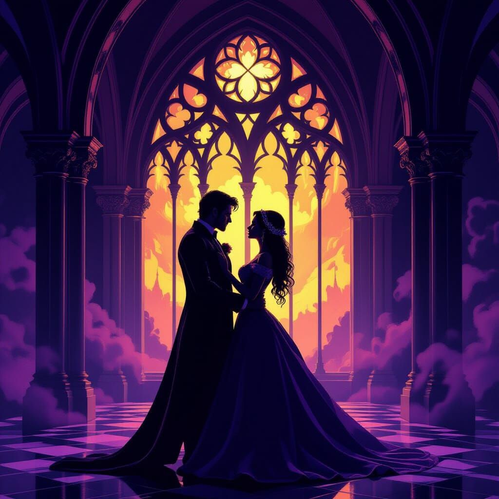 Gothic Arches Embrace Lovers in Dramatic Light