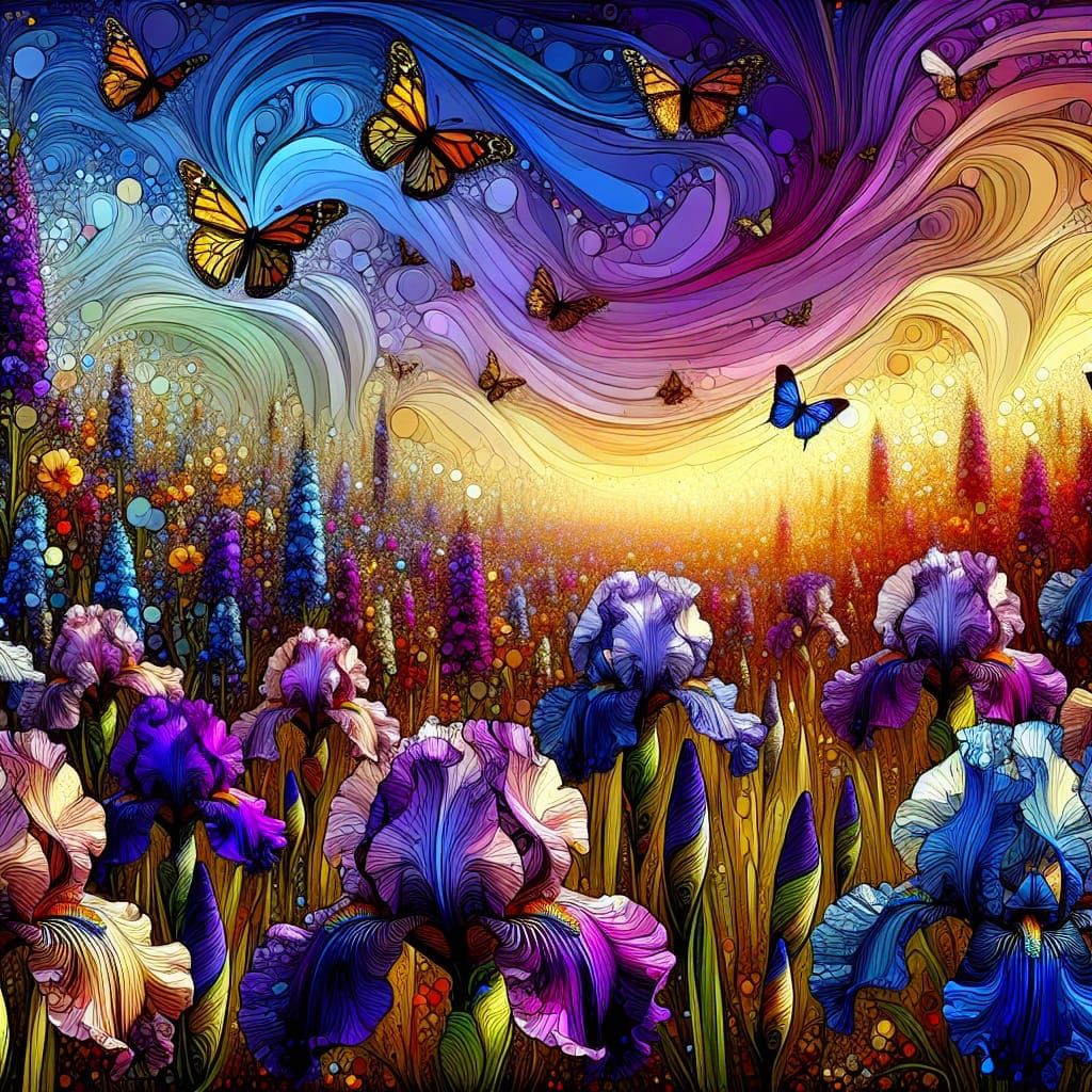 A field of iris with butterflies