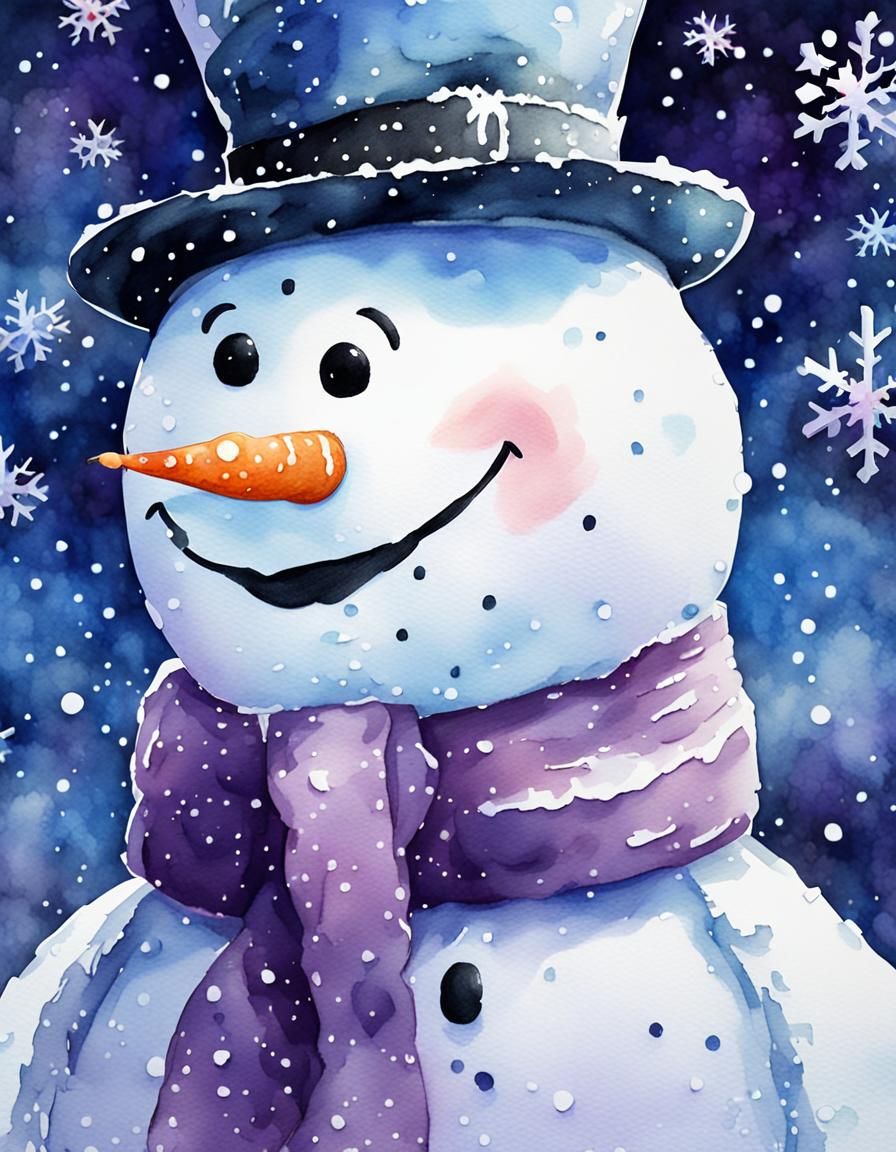 Snowman Portrait in Dreamy Watercolor Style