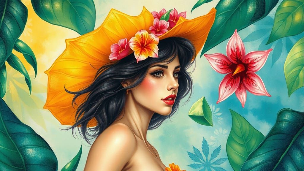 Vibrant Tropical Goddess in Gouache
