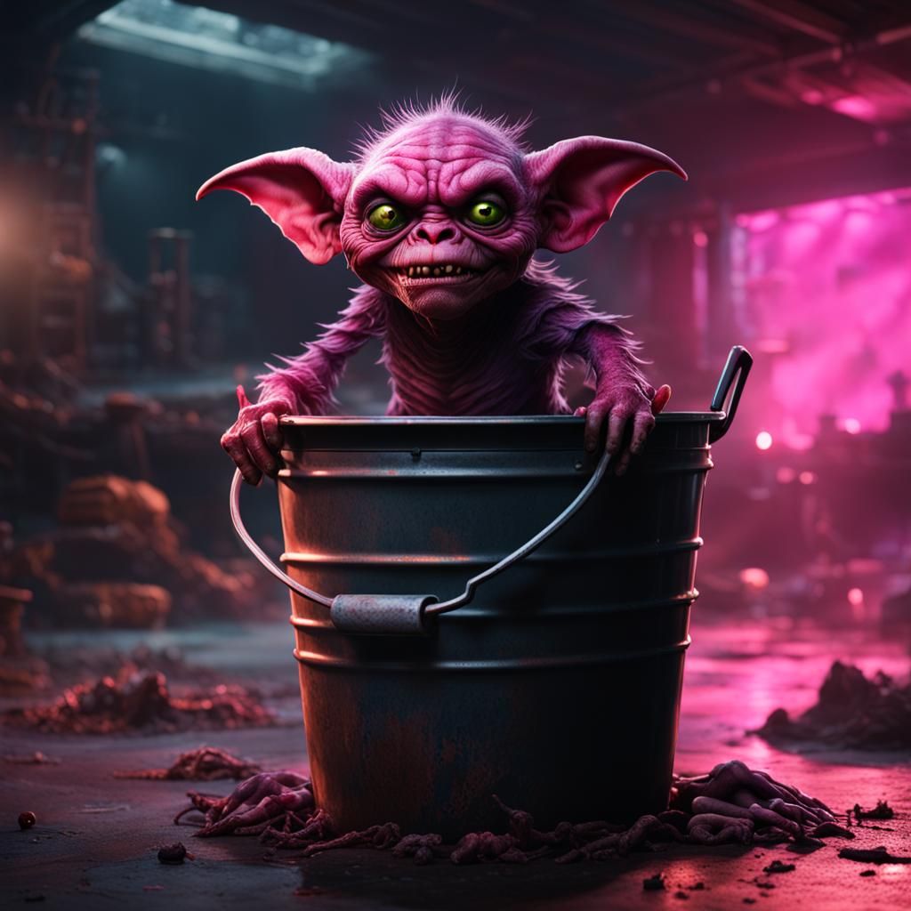 Demonic Gremlin in Bucket, Dark Fantasy Art
