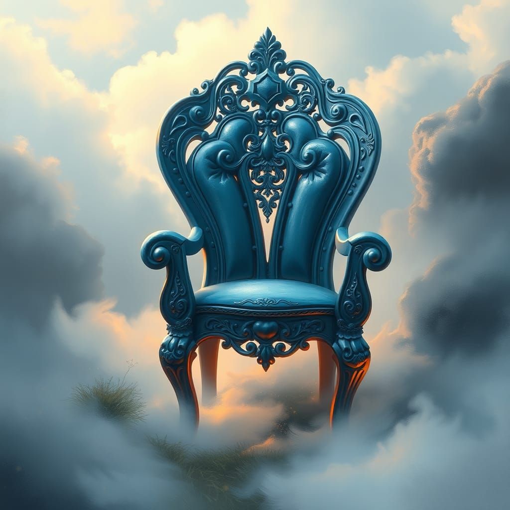 Mystical Blue Chair in Cloudscape, Dreamlike Scene