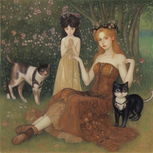 Fairies and Cat in Art Nouveau Style