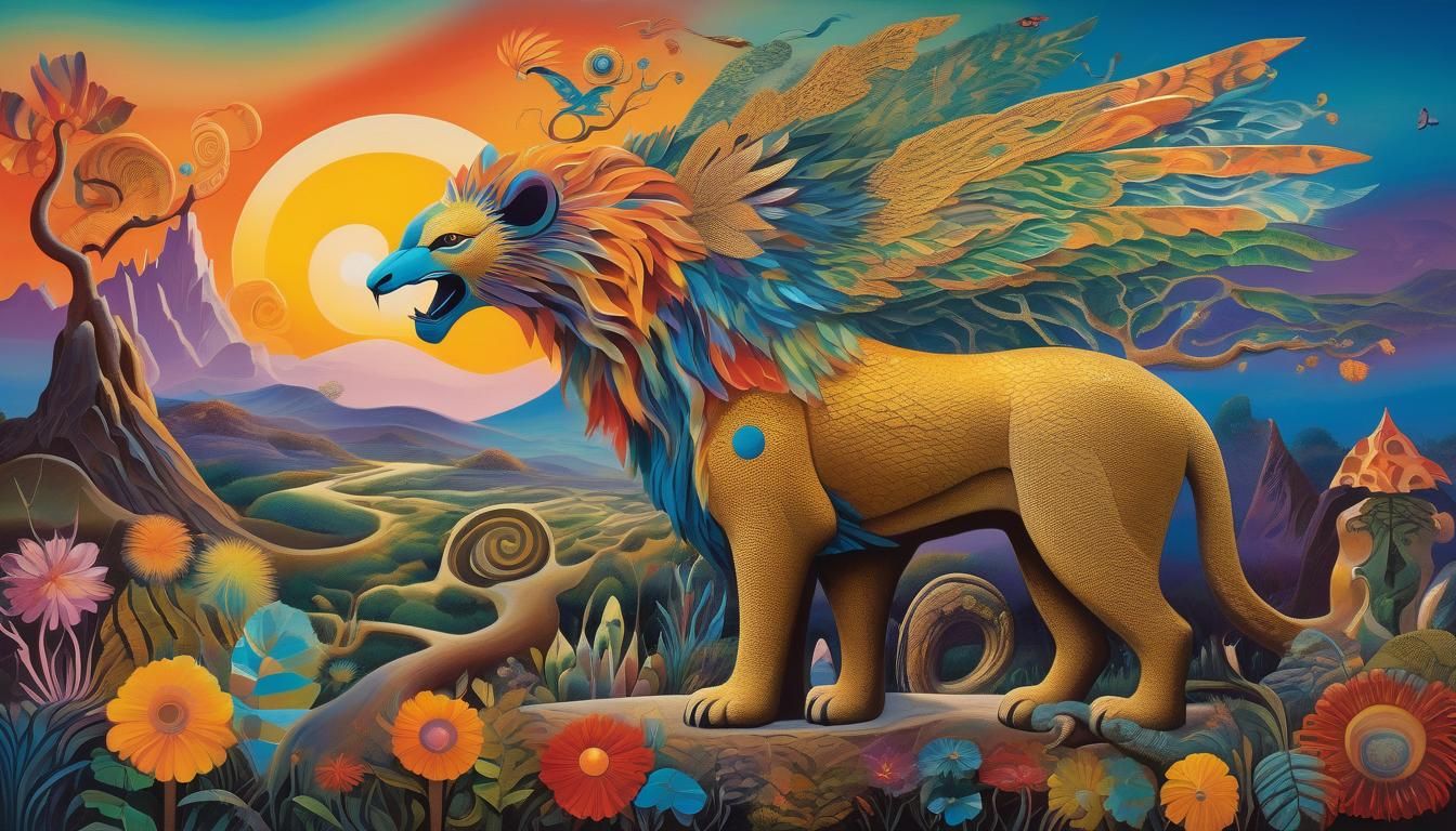 Whimsical Mythical Beast in Surrealist Landscape