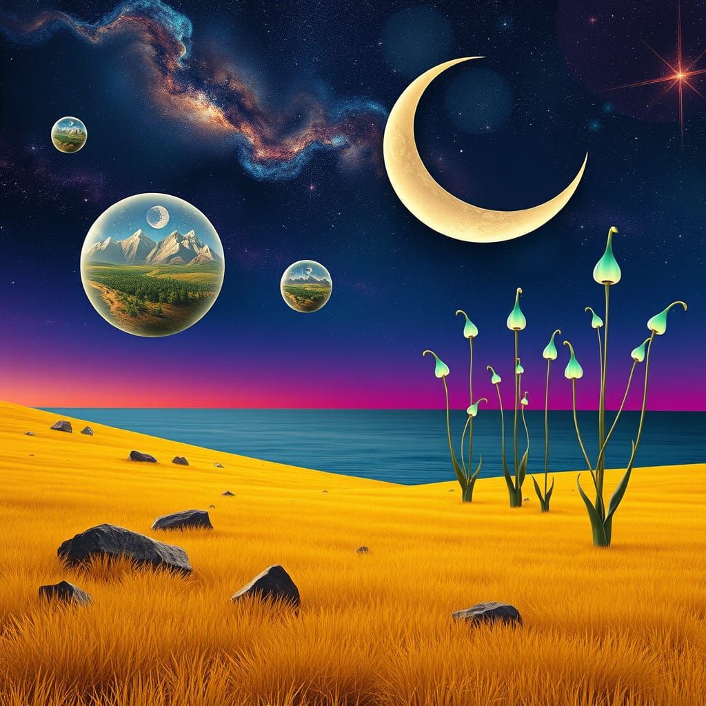 Dreamlike Cosmic Landscape with Merging Land, Sea, and Sky