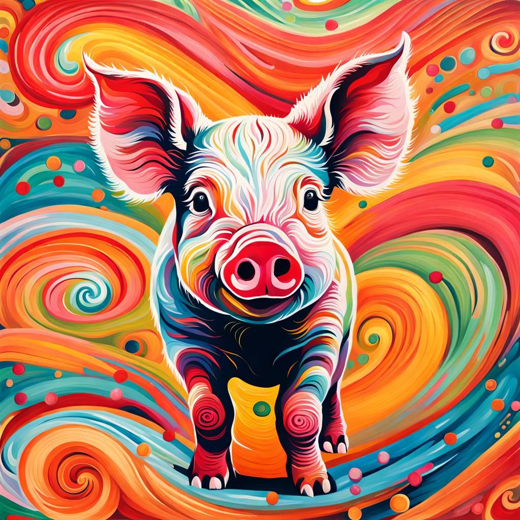 Whimsical Piglet in Abstract Gouache Candyland