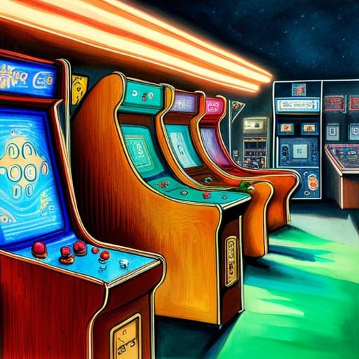 1980s Video Arcade Watercolor Illustration