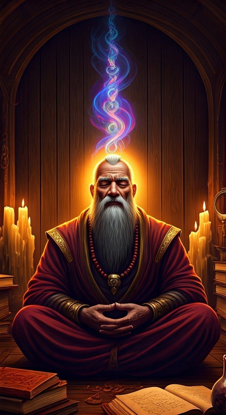 Mystic Wizard in Candlelit Study, Digital Concept Art