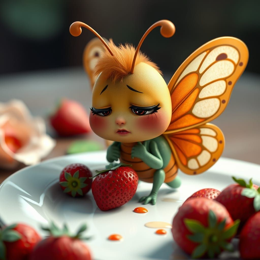 Chibi Butterfly Confused by Strawberries, Detailed Digital A...