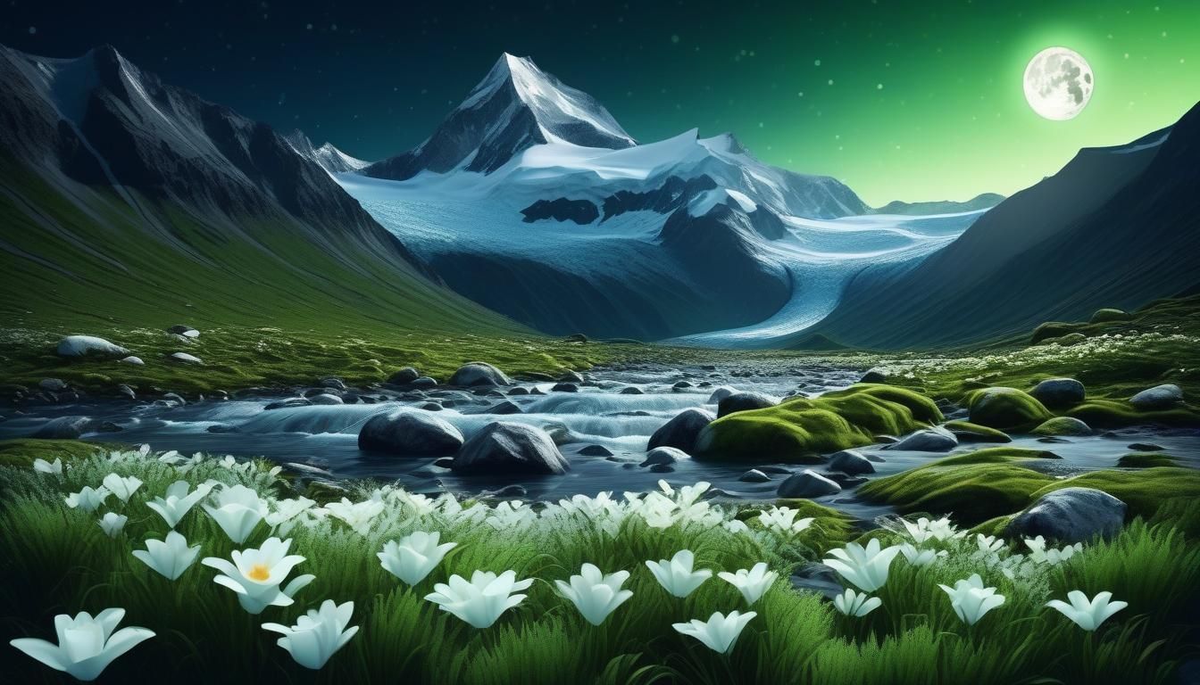 Moonlit Glacier River with Moss and Flowers