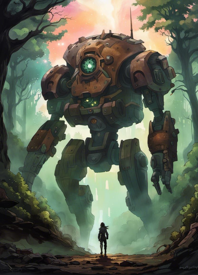 Mecha in Wasteland with Cosmic Nebula, Anime Art