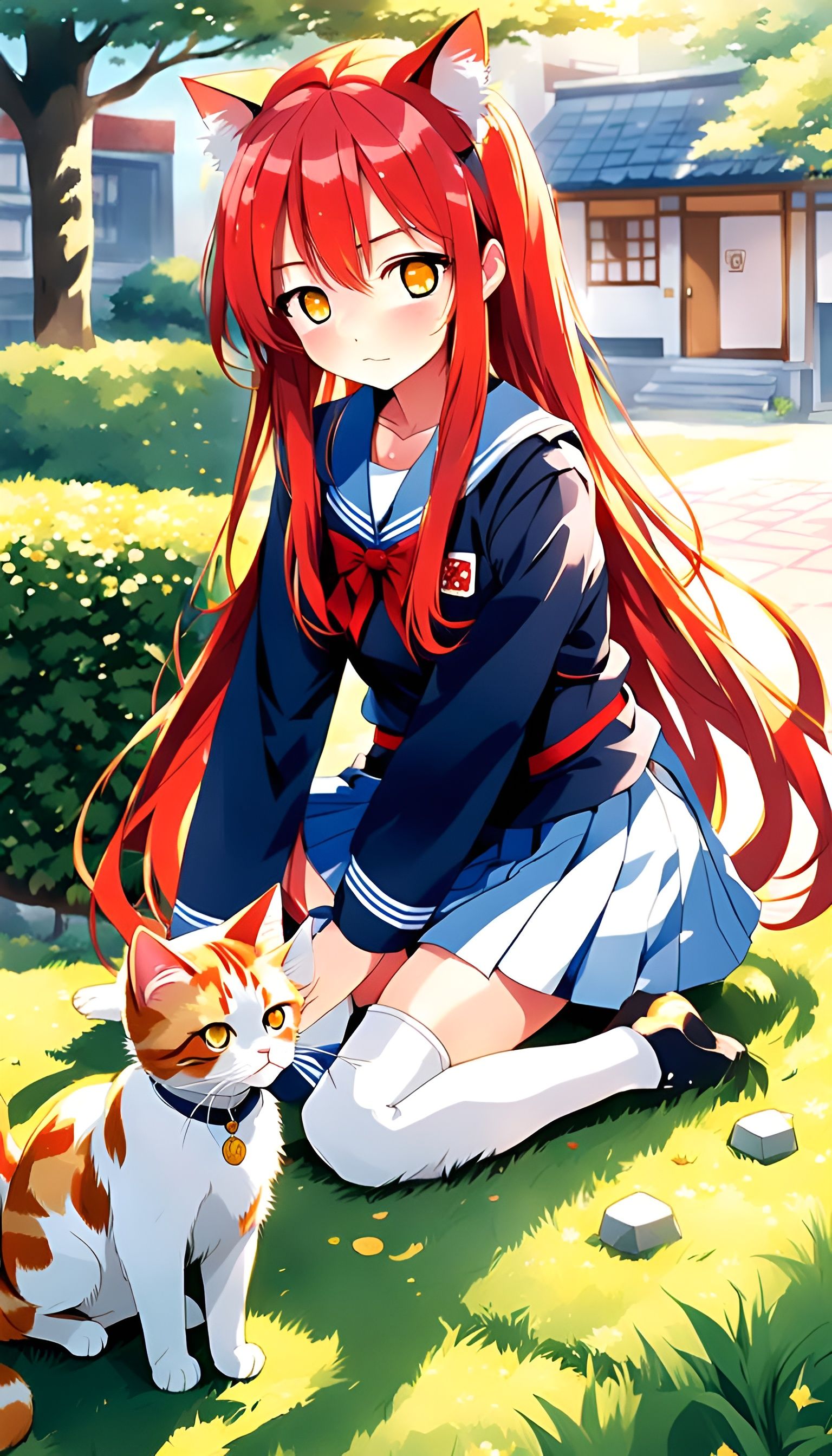 Anime Girl with Cat in Japanese Manga Style