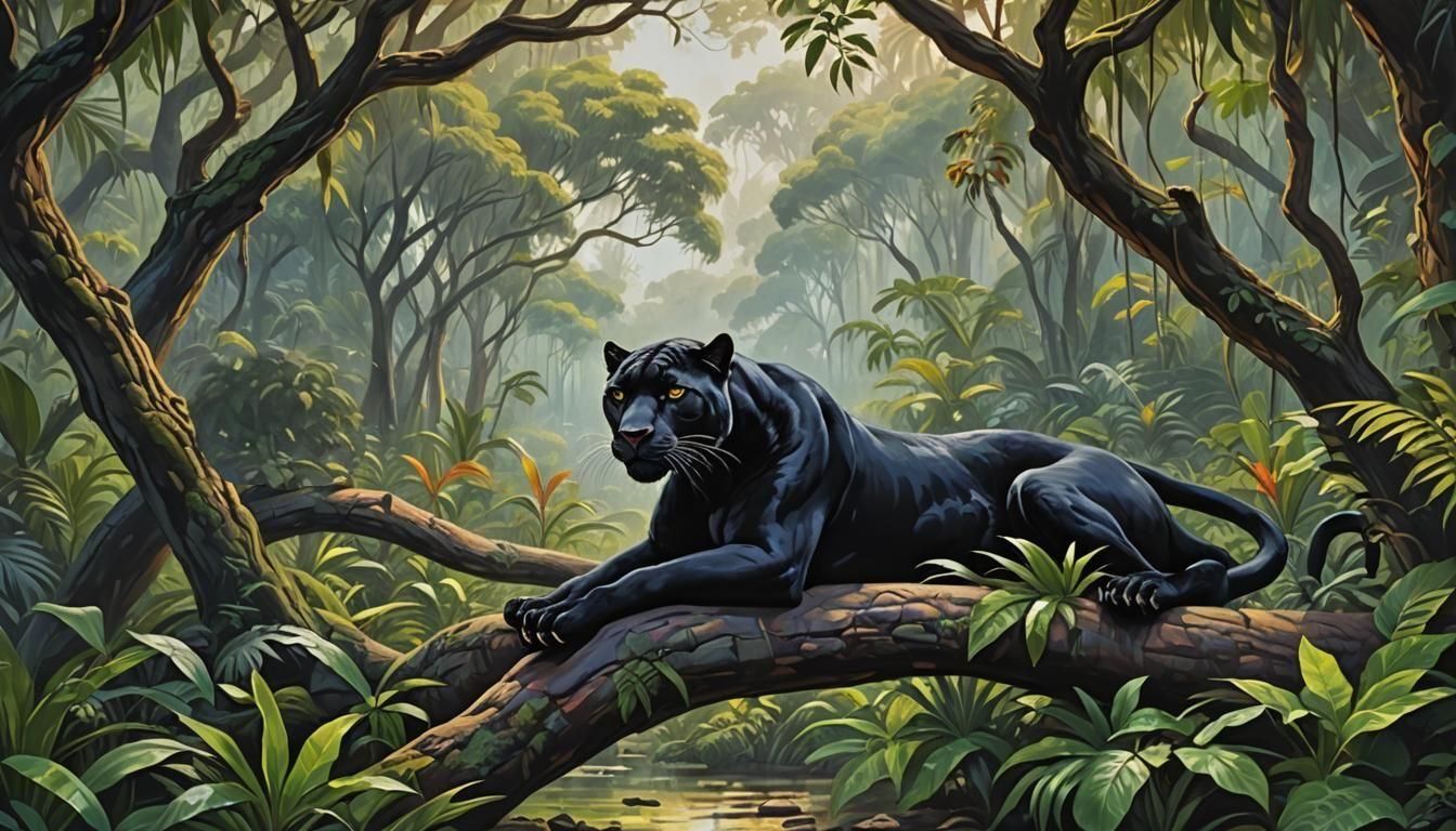 Bagheera, Mowgli and Kaa in Impressionistic Oil