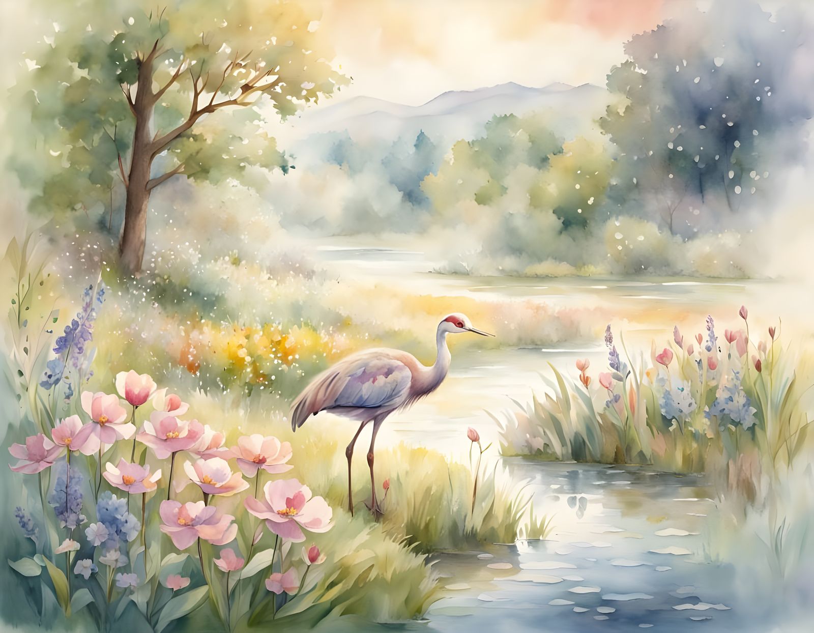 Whimsical Watercolor of a Sandhill Crane in a Springtime Mea...
